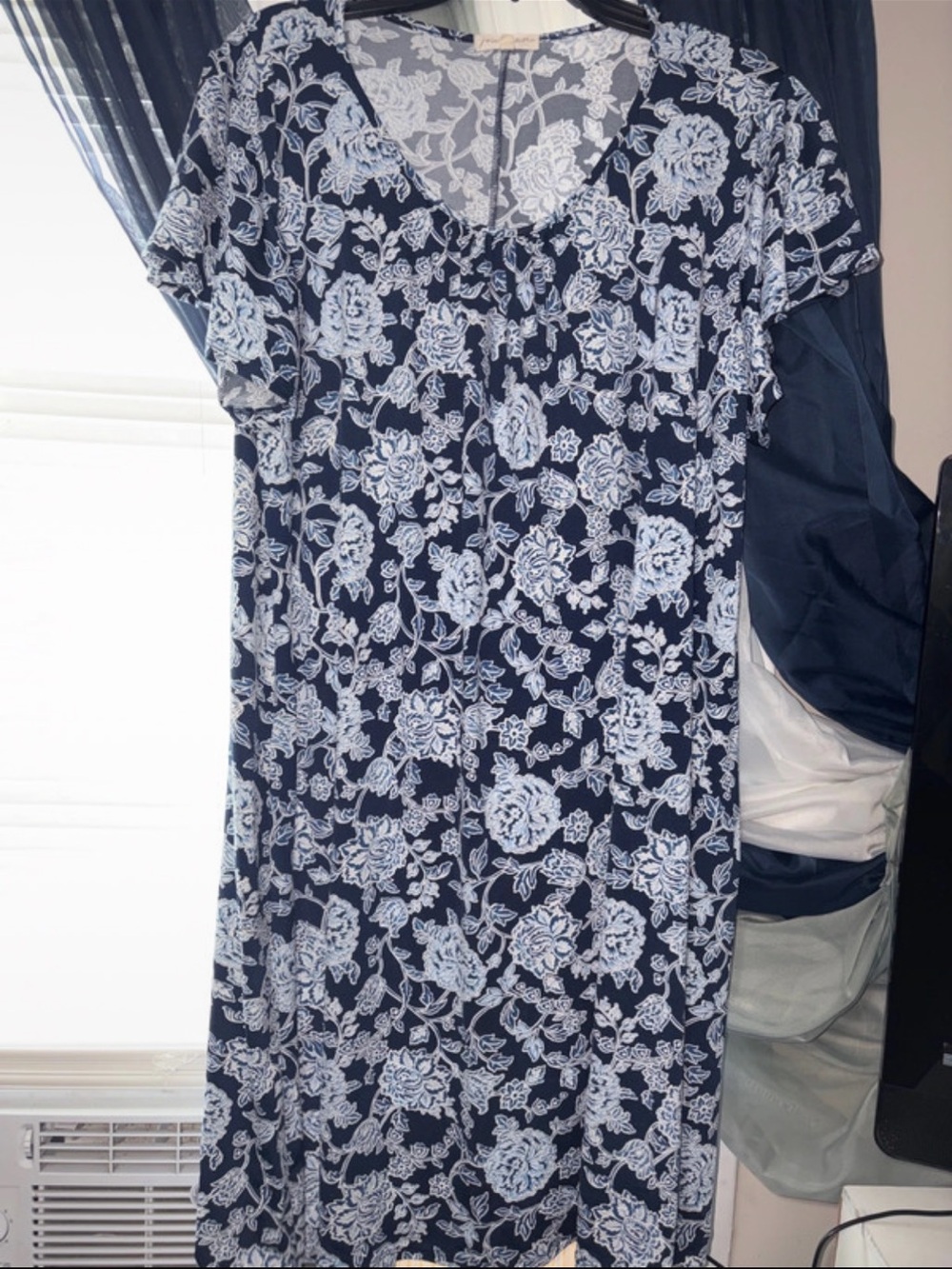 Navy Floral Midi Dress with Short Sleeves